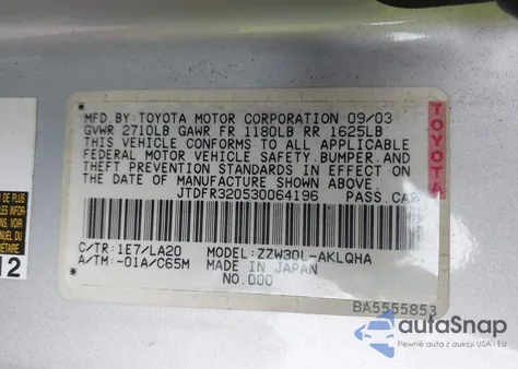 2003 Toyota Mr2 Spyder from USA, damaged, VIN JTDFR320530064196